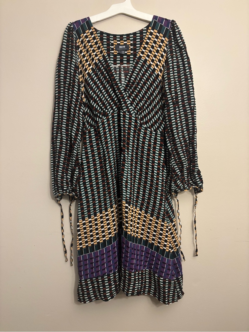Anthropologie Black, Teal & Purple Geometric Long Sleeve Dress